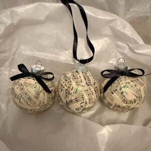 Handmade Music Sheet Cream Christmas GlassOrnaments with Black Ribbon - Set of 3
